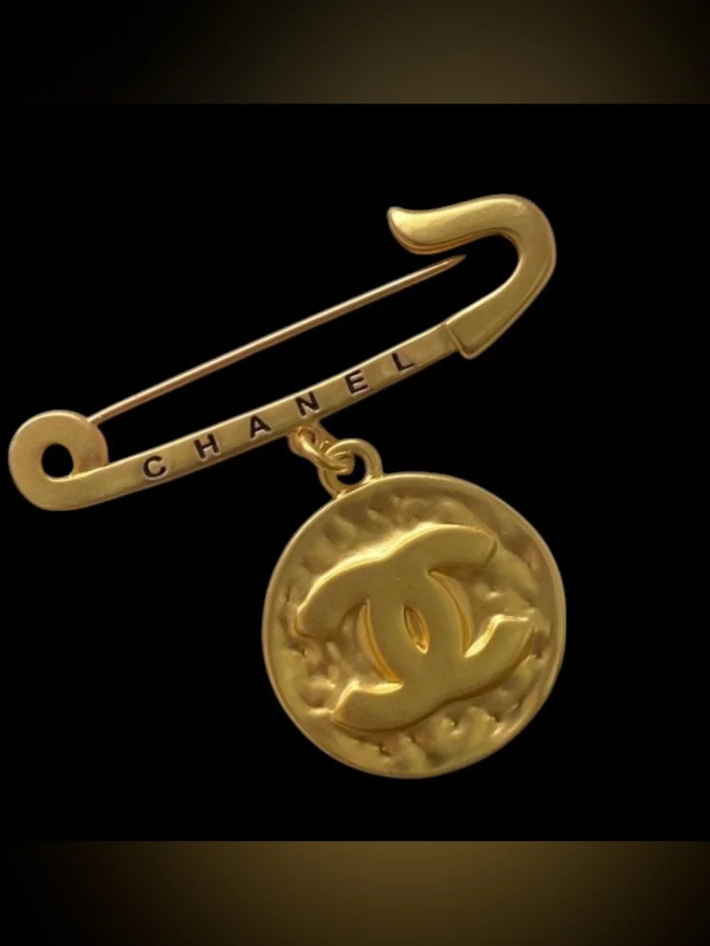 Double C Gold Tone Medallion Coin Safety Pin Dangle Drop Brooch